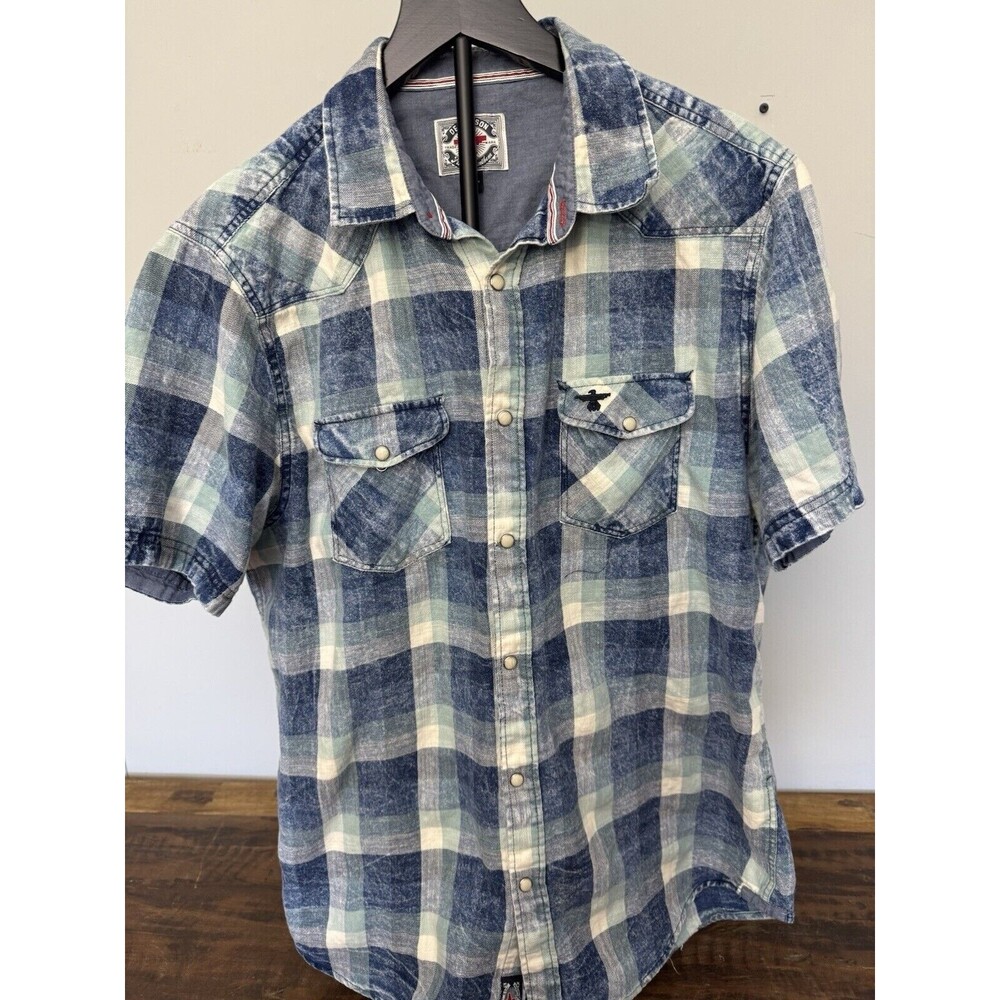 Desert Sun Size L Mens Vintage West Shirt Short Sleeve Blue Pearl Snaps Cotton